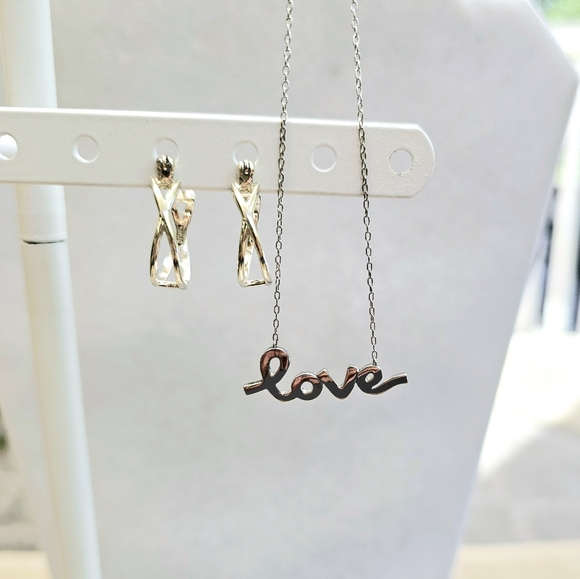 SET! 925 Silver Cursive Love Pendant with 925 Silver Hoop Earrings SET! - Picture 6 of 16